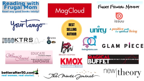 Logos of media outlets and websites that have featured Jean Walters, including YourTango, KMOX NewsRadio 1120, Big 550 KTRS, Glam Piece, The Magical Buffet, Unity, Reading with Frugal Mom, Funky Frugal Mommy, Brazen Woman, DatingAdvice.com, The Women’s Journal, Better After 50, The Mind’s Journal, New Theory and Issuu, with a Best Selling Author badge